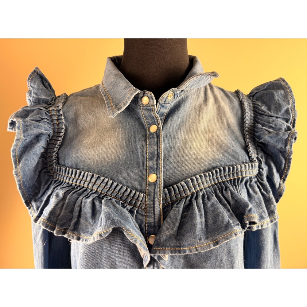 Pilcro Anthropologie Denim Ruffle Snap Front Shirt Dress Medium Wash Blue Small - Picture 2 of 9